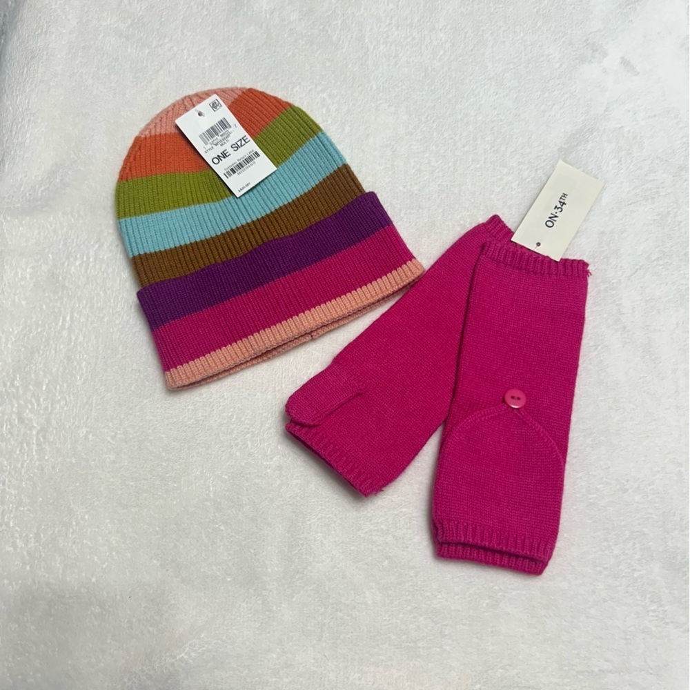 Colorful Striped Beanie and Pink Mittens Set Women’s NWT